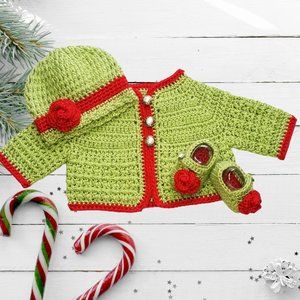 NWOT Hand Crafted Crocheted Christmas Sweater Set for Baby Girls, Size Newborn